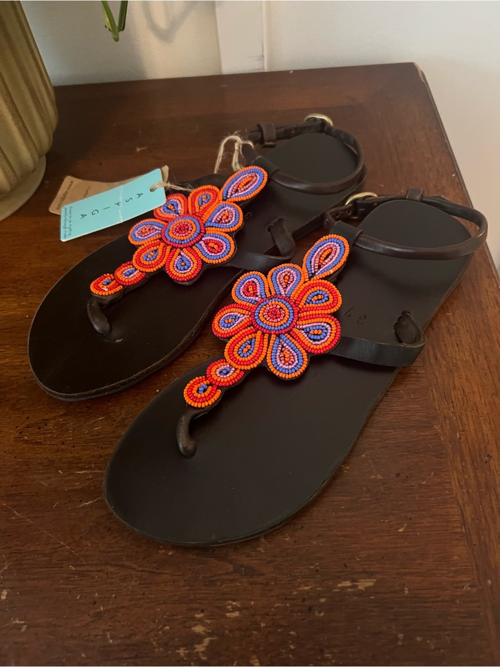 NWT Hand made T-Strap Sandals - brown Orange & Purple Beading size 37 (US 7)